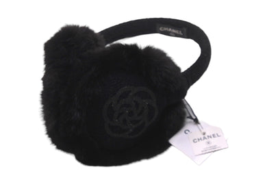 極美品 CHANEL シャネル ココマーク カメリア イヤーマフ A54573 ブラック ロゴ ファー 耳当て 小物 中古 58468