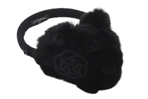 極美品 CHANEL シャネル ココマーク カメリア イヤーマフ A54573 ブラック ロゴ ファー 耳当て 小物 中古 58468