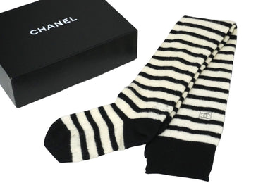 CHANEL シャネル ボーダー ロング ソックス ブラック ホワイト ココマーク ロゴ 靴下 ファッション雑貨 小物 良品 中古 58485