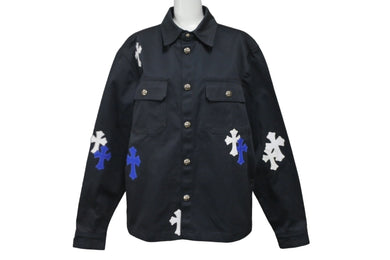 極美品 CHROME HEARTS クロムハーツ ジャケット ワークドッグ クロスパッチ デニムシャツ シルバー金具 サイズM 中古 58497