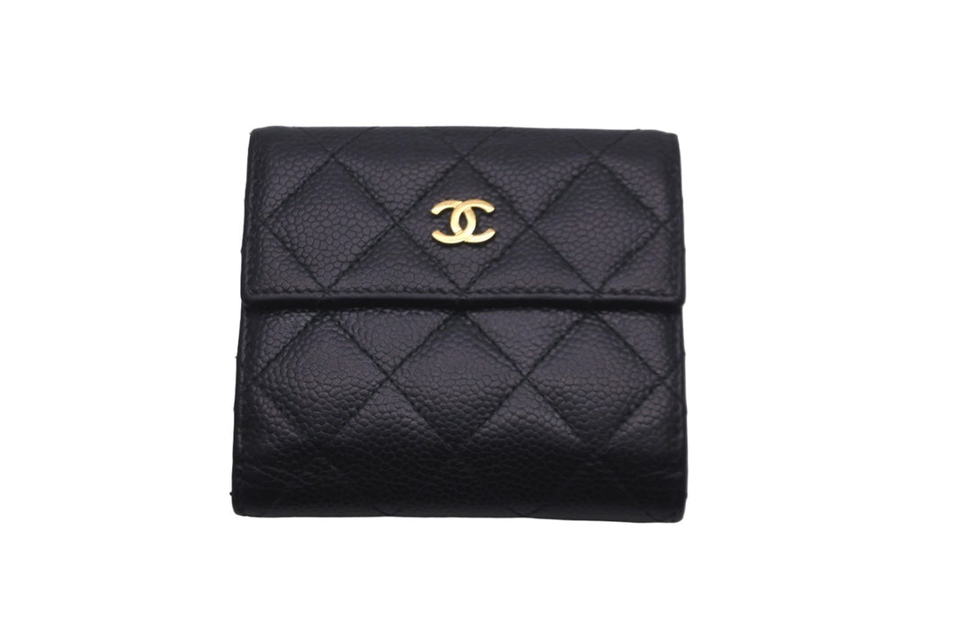 CHANEL シャネル ココマーク 二つ折り財布 21番台 キャビアスキン ブラック ワインレッド ゴールド金具 良品 中古 58502