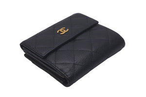 CHANEL シャネル ココマーク 二つ折り財布 21番台 キャビアスキン ブラック ワインレッド ゴールド金具 良品 中古 58502