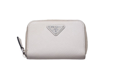 PRADA プラダ コインケース 小銭入れ カードケース 2MM003 三角ロゴプレート 2MM003 牛革 ホワイト シルバー金具 良品 中古 58564