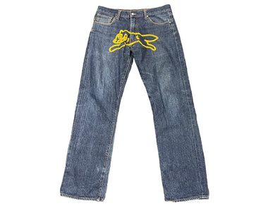 BILLIONAIRE BOYS CLUB ビリオネアボーイズクラブ デニム ストレート ランニングドッグ ロゴ プリント ブルー 良品 中古 58612