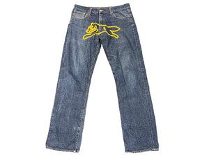 BILLIONAIRE BOYS CLUB ビリオネアボーイズクラブ デニム ストレート ランニングドッグ ロゴ プリント ブルー 良品 中古 58612