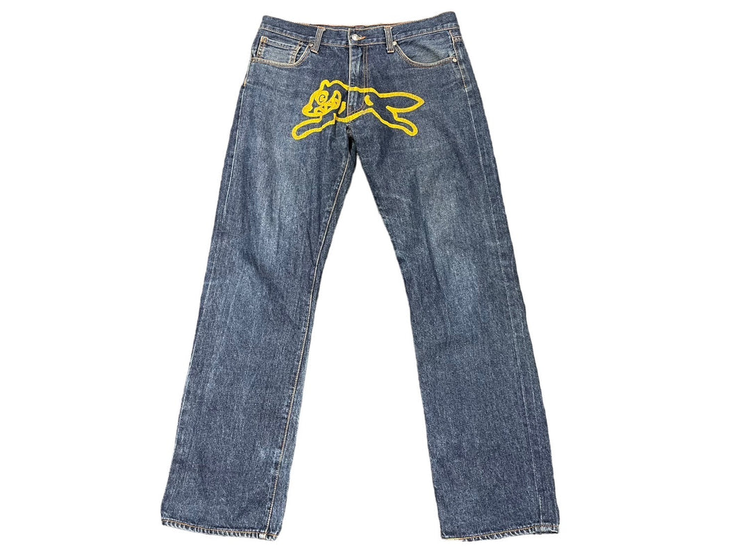 BILLIONAIRE BOYS CLUB ビリオネアボーイズクラブ デニム ストレート ランニングドッグ ロゴ プリント ブルー 良品 中古 58612