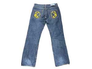 BILLIONAIRE BOYS CLUB ビリオネアボーイズクラブ デニム ストレート ランニングドッグ ロゴ プリント ブルー 良品 中古 58612