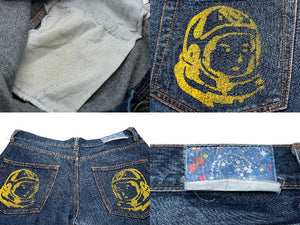 BILLIONAIRE BOYS CLUB ビリオネアボーイズクラブ デニム ストレート ランニングドッグ ロゴ プリント ブルー 良品 中古 58612