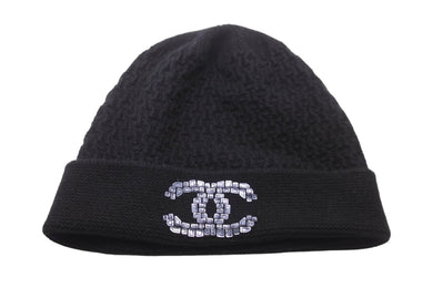 CHANEL シャネル ニットキャップ 帽子 ココマーク メタリック カシミヤ ブラック イタリア製 ユニセックス 美品 中古 58753