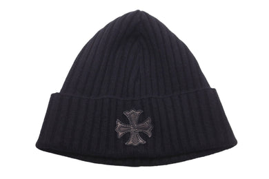 新品未使用 CHROME HEARTS クロムハーツ CH プラス ニットキャップ ブラック クロス レザー パッチ ビーニー カシミヤ 中古 58793
