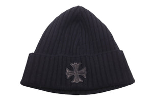 新品未使用 CHROME HEARTS クロムハーツ CH プラス ニットキャップ ブラック クロス レザー パッチ ビーニー カシミヤ 中古 58793
