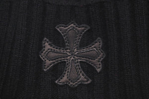 新品未使用 CHROME HEARTS クロムハーツ CH プラス ニットキャップ ブラック クロス レザー パッチ ビーニー カシミヤ 中古 58793