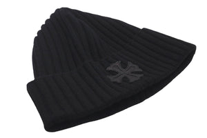 新品未使用 CHROME HEARTS クロムハーツ CH プラス ニットキャップ ブラック クロス レザー パッチ ビーニー カシミヤ 中古 58793