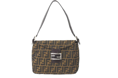 FENDI フェンディショルダーバッグ マンマズ柄ッカ キャンバス レザー ブラウン ブラック シルバー金具 美品 中古 58864 