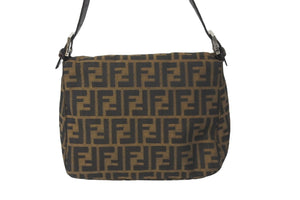 FENDI フェンディショルダーバッグ マンマズ柄ッカ キャンバス レザー ブラウン ブラック シルバー金具 美品 中古 58864 
