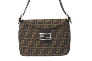 FENDI フェンディショルダーバッグ マンマズ柄ッカ キャンバス レザー ブラウン ブラック シルバー金具 美品 中古 58864 