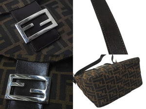 FENDI フェンディショルダーバッグ マンマズ柄ッカ キャンバス レザー ブラウン ブラック シルバー金具 美品 中古 58864 