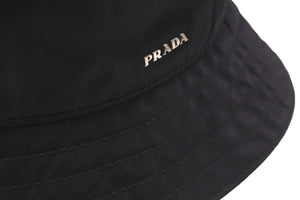 PRADA プラダ ハット 帽子 バケットハット ロゴ ブラック ポリエステル サイズL シルバー金具 美品 中古 58868