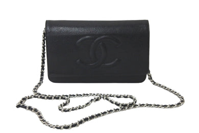 CHANEL シャネル ウォレットチェーン ショルダーバッグ ブラック 15番台 ココマーク キャビアスキン シルバー金具 美品 中古 58891