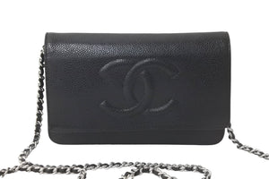 CHANEL シャネル ウォレットチェーン ショルダーバッグ ブラック 15番台 ココマーク キャビアスキン シルバー金具 美品 中古 58891