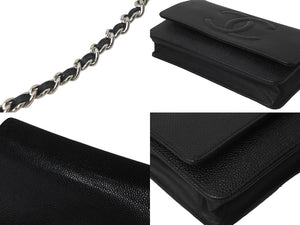 CHANEL シャネル ウォレットチェーン ショルダーバッグ ブラック 15番台 ココマーク キャビアスキン シルバー金具 美品 中古 58891