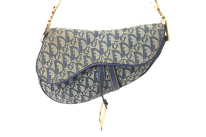 Christian Dior クリスチャンディオール ショルダーバッグ オブリーク サドルバッグ キャンバス レザー ネイビー 美品 中古 58911