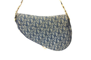 Christian Dior クリスチャンディオール ショルダーバッグ オブリーク サドルバッグ キャンバス レザー ネイビー 美品 中古 58911