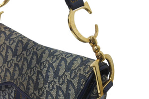Christian Dior クリスチャンディオール ショルダーバッグ オブリーク サドルバッグ キャンバス レザー ネイビー 美品 中古 58911