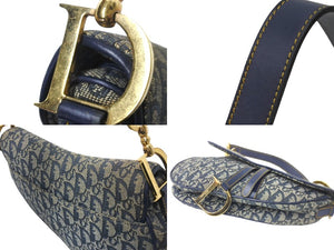 Christian Dior クリスチャンディオール ショルダーバッグ オブリーク サドルバッグ キャンバス レザー ネイビー 美品 中古 58911