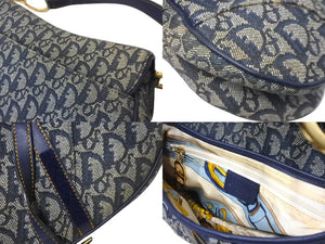 Christian Dior クリスチャンディオール ショルダーバッグ オブリーク サドルバッグ キャンバス レザー ネイビー 美品 中古 58911