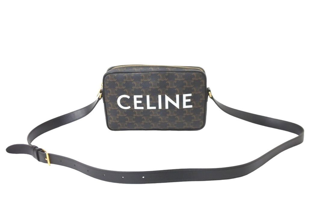 CELINE セリーヌ ショルダーバッグ ミディアム メッセンジャーバッグ トリオンフキャンバス カーフスキン ブラック 美品 中古 59008
