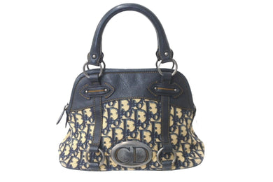 Christian Dior クリスチャンディオール ハンドバッグ トロッター柄 CDロゴ キャンバス レザー ネイビー ベージュ 美品 中古 59015