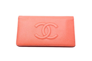 CHANEL シャネル キャビアスキン 二つ折り 長財布 ココマーク ロゴ オレンジ 17番台 小物 ウォレット 良品 中古 59035