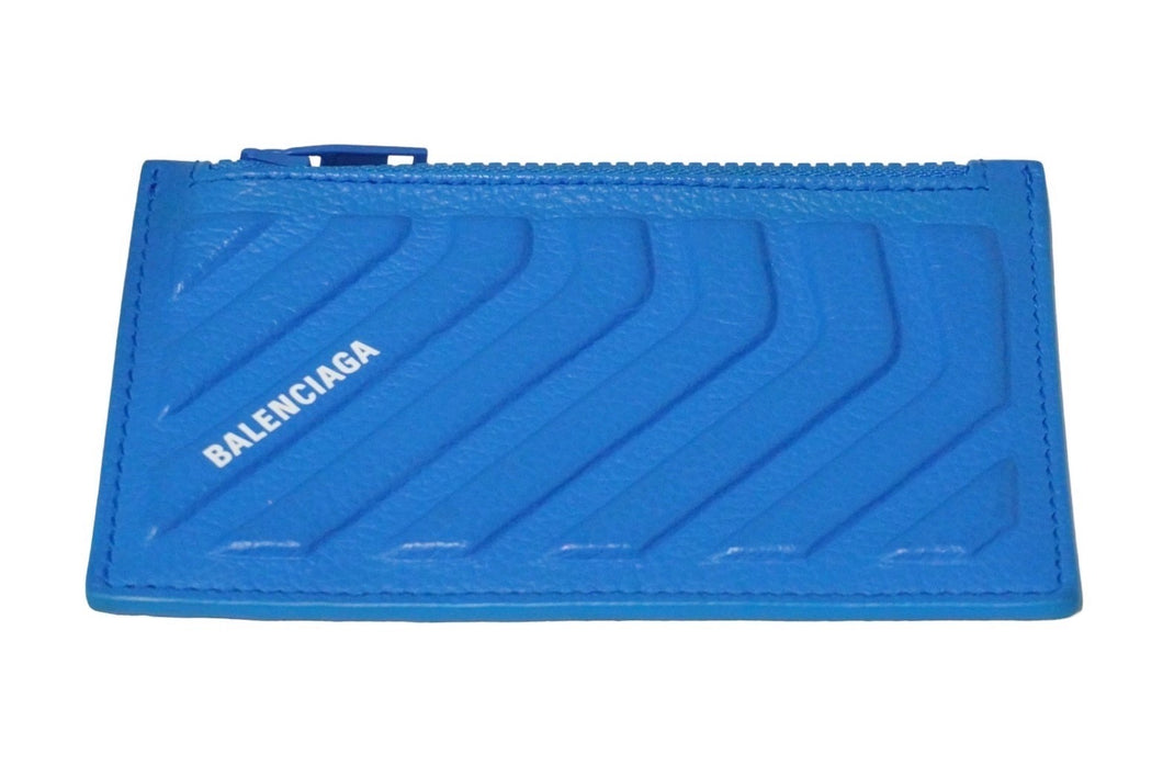 BALENCIAGA バレンシアガ ジップカードケース コインケース 財布 タイヤ ブランドロゴ カーフスキン ブルー 美品 中古 59055