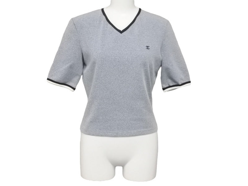 CHANEL シャネル 半袖 Tシャツ ナイロン スパンデックス グレー サイズ38 P10692V06479 H0098 Vネック ココマーク 美品 中古