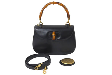 GUCCI グッチ 2WAYハンドバッグ ショルダーバッグ バンブー オールドグッチ ミラー付き カーフ ブラック ゴールド 美品 中古 59080