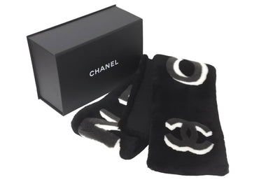 新品未使用 CHANEL シャネル マフラー AA7074 シアリング カシミヤ ムートン ファー ブラック ダークグレー ホワイト 59082
