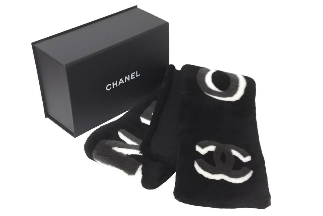新品未使用 CHANEL シャネル マフラー AA7074 シアリング カシミヤ ムートン ファー ブラック ダークグレー ホワイト 59082