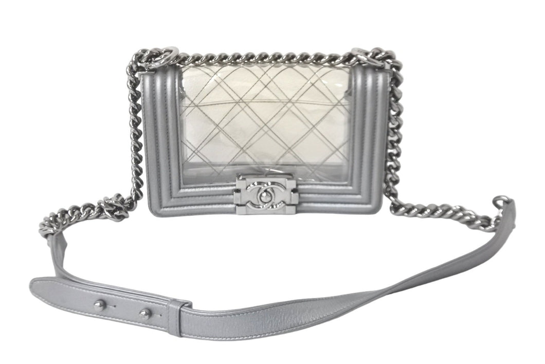 CHANEL シャネル ショルダーバッグ ボーイシャネル A92098 グレー ビニール 19番台 ビンテージシルバー金具 美品 中古 59115