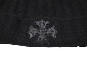 極美品 CHROME HEARTS クロムハーツ CH プラス ニットキャップ ブラック クロス レザー パッチ ビーニー カシミヤ 中古 59164