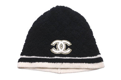 極美品 CHANEL シャネル ニットキャップ ビーニー ココマーク カシミヤ100% ブラック ホワイト 中古 59165