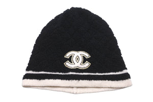 極美品 CHANEL シャネル ニットキャップ ビーニー ココマーク カシミヤ100% ブラック ホワイト 中古 59165