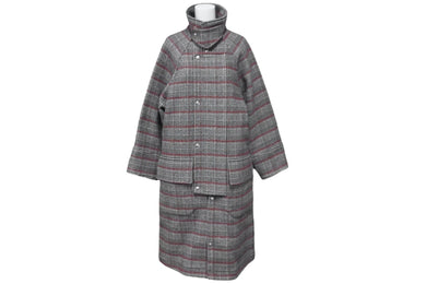 PLAN C プラン シー ロングコート チンウォーマ 袖ベルト チェック 千鳥柄 ウール グレー レッド サイズ38 美品 中古 59172