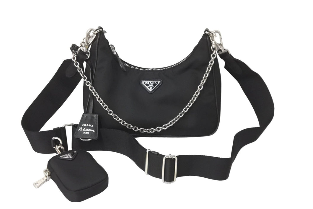 PRADA プラダ ホーボー チェーン 2WAY ショルダーバッグ RE-EDITION 2005 ブラック ナイロン 1BH204 美品 中古 59204 