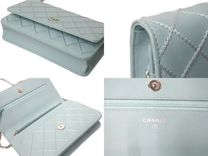 極美品 CHANEL シャネル ショルダーバッグ ワイルドステッチ チェーン ウォレット 29番台 ブルー系 レザー シルバー金具 中古 59321