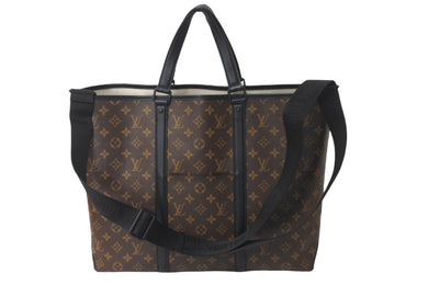 LOUIS VUITTON ルイヴィトン M45733 ウィークエンド トート GM ブラウン レザー モノグラムマカサー ブラック金具 美品 中古 59405