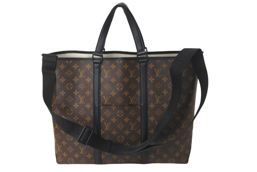 LOUIS VUITTON ルイヴィトン M45733 ウィークエンド トート GM ブラウン レザー モノグラムマカサー ブラック金具 美品 中古 59405