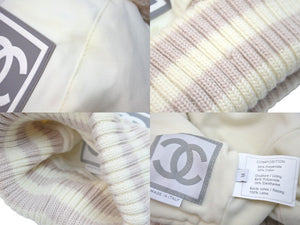 CHANEL シャネル スポーツライン ココマーク ニットキャップ ボンボン 裏起毛 ホワイト ピンク サイズM 美品 中古 59475