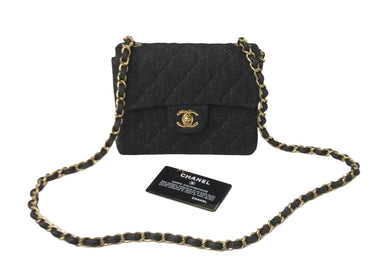 極美品 CHANEL シャネル ミニマトラッセ チェーン ショルダー バッグ デニム ブラック A01115 ゴールド 金具 中古 59611