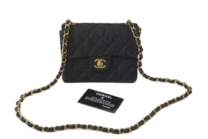 極美品 CHANEL シャネル ミニマトラッセ チェーン ショルダー バッグ デニム ブラック A01115 ゴールド 金具 中古 59611
